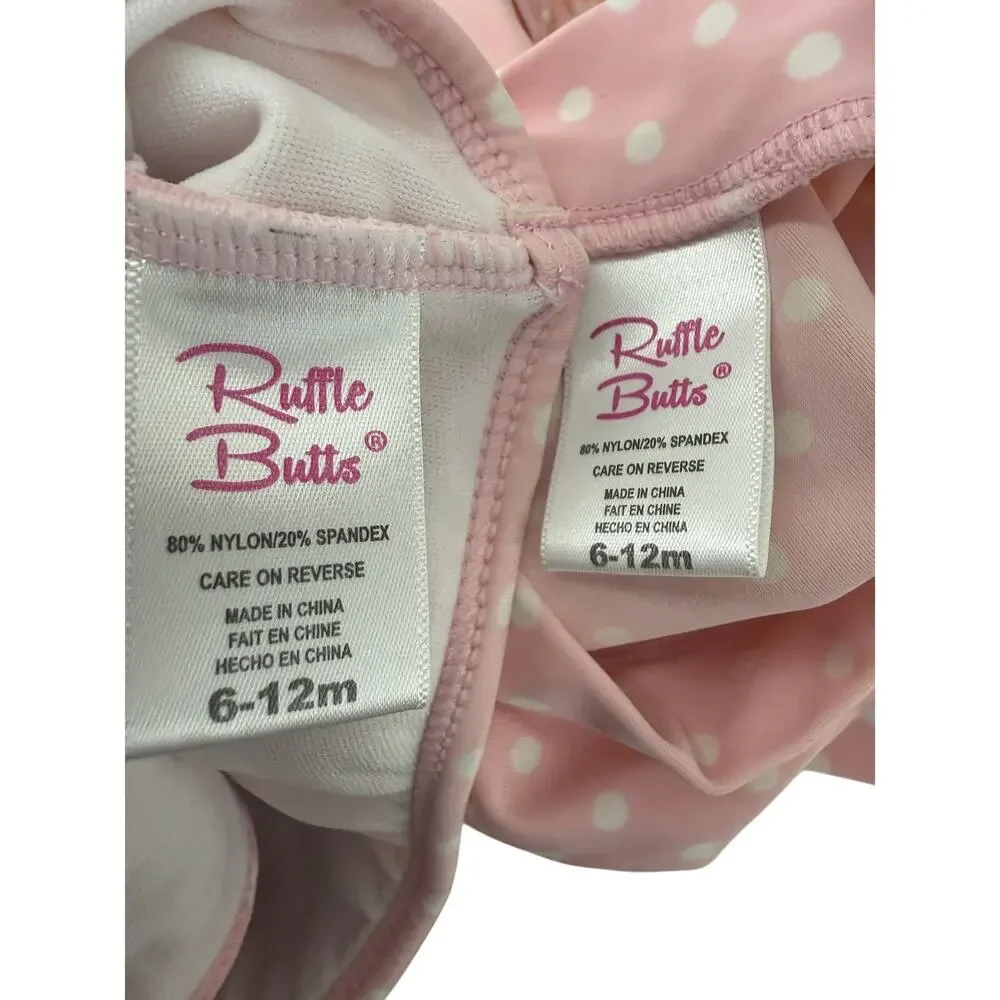 RuffleButts Pink Polka Dot Ruffled Rash Guard Bikini 6-12 months